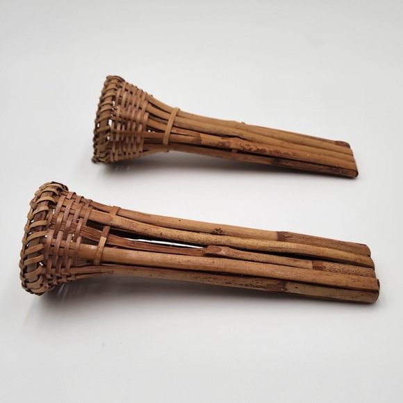 Vintage Natural Handwoven Burnt Bamboo Wall Pocket Pair of Rattan Style Sconces - Picture 6 of 8